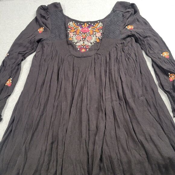 Free People Black Floral Embroidered Mini Dress Boho Festival Gypsy Mohave Small - Picture 2 of 10